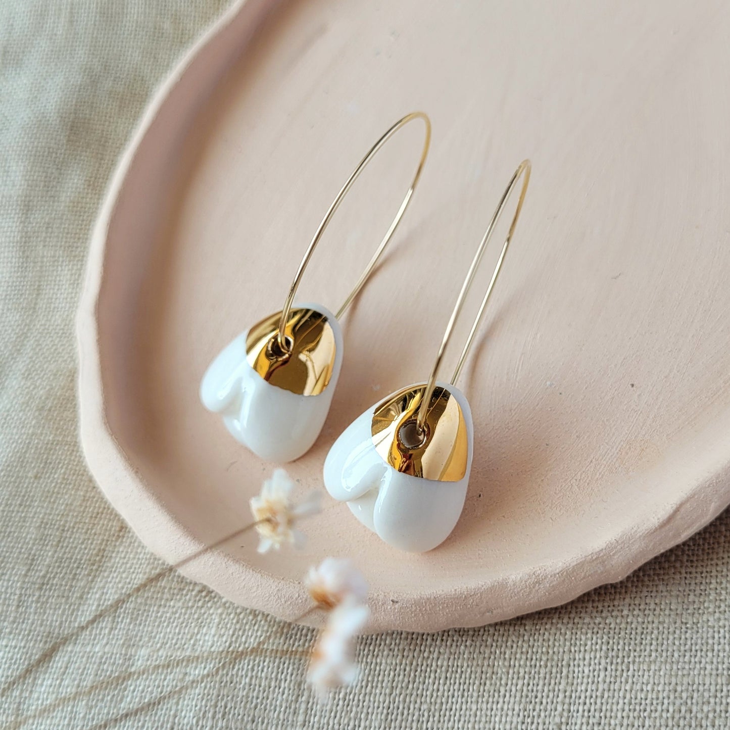 Porcelain dangle earrings with gold "Snowdrops SMALL"