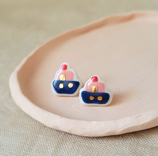 Porcelain stud earrings with gold "Little boats in dark blue"