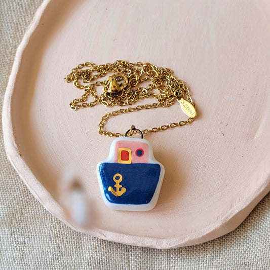 Porcelain necklace with gold "Dark blue boat"