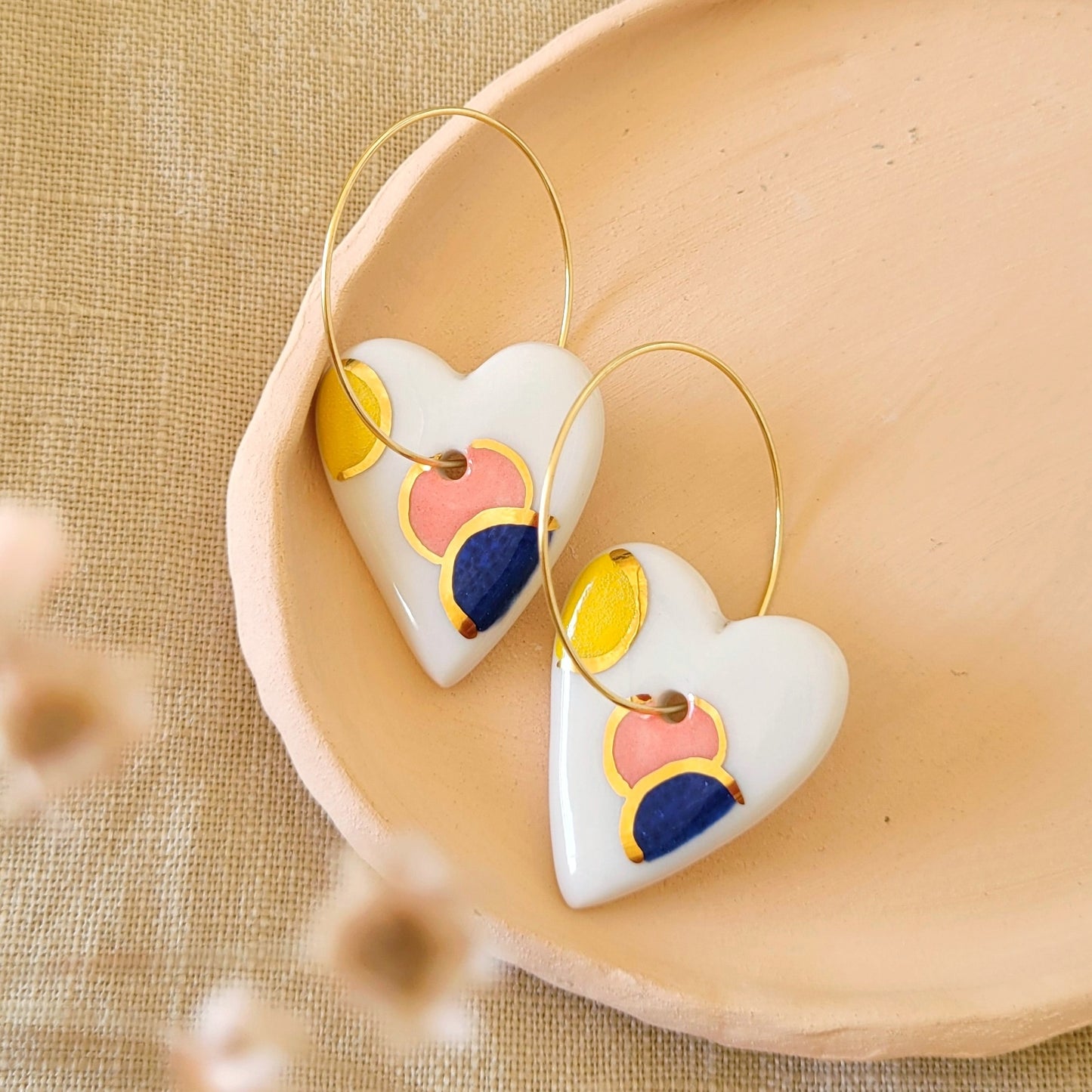 Porcelain dangle earrings with gold "Hearts in yellow, pink and blue"