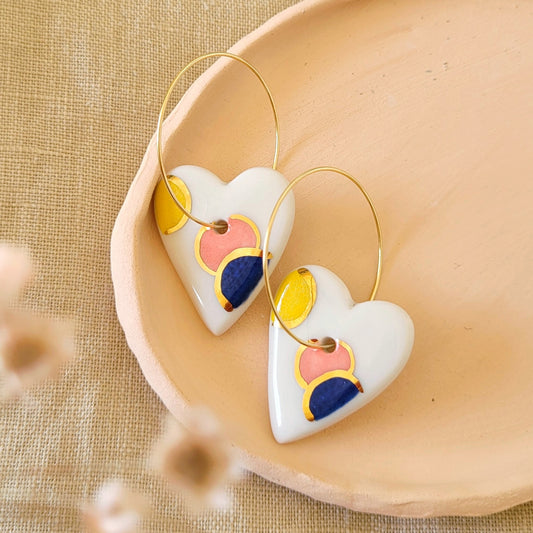 Porcelain dangle earrings with gold "Hearts in yellow, pink and blue"