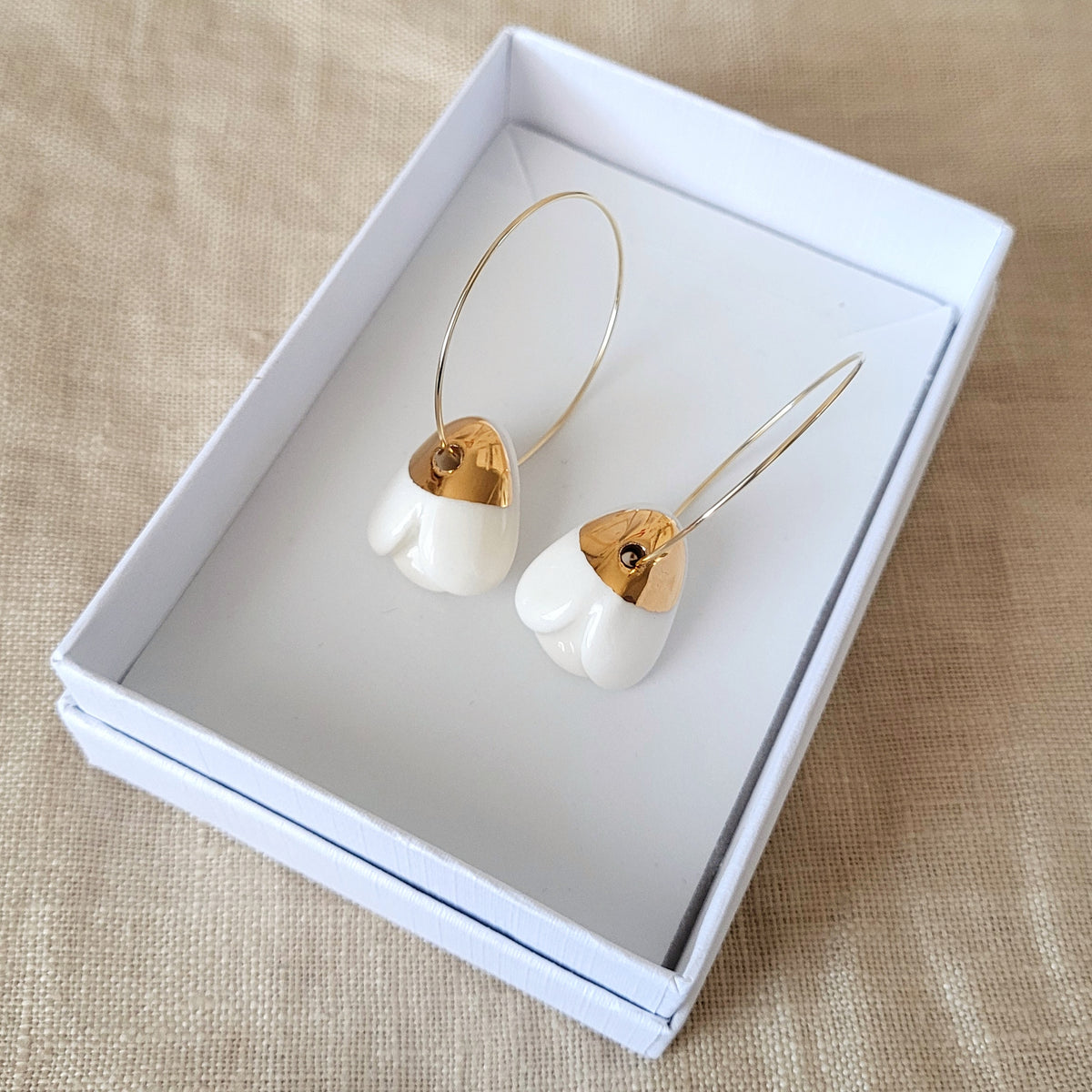 Porcelain dangle earrings with gold "Snowdrops SMALL"