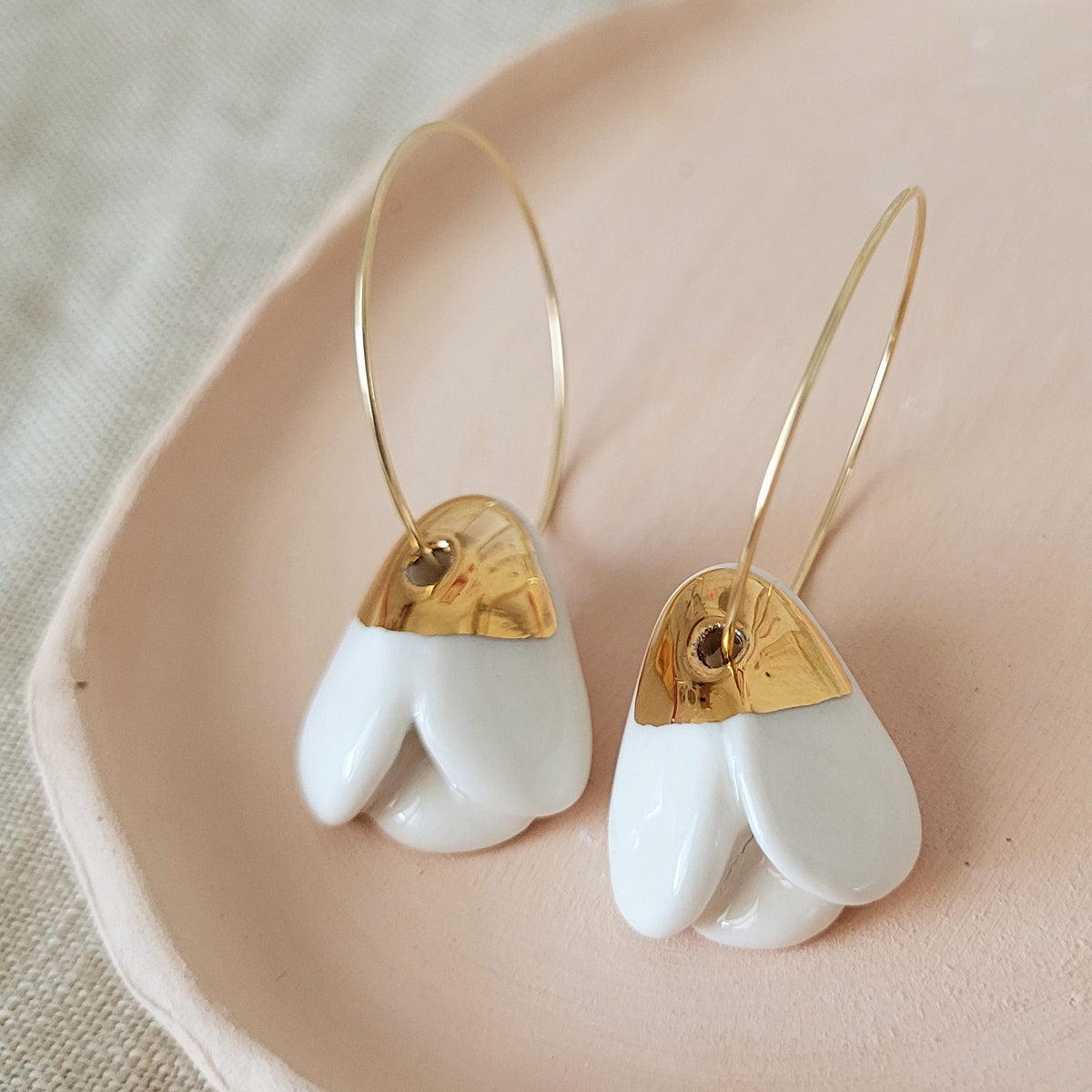 Porcelain dangle earrings with gold "Snowdrops LARGE"