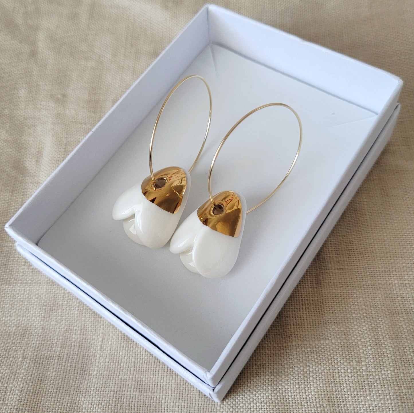 Porcelain dangle earrings with gold "Snowdrops LARGE"