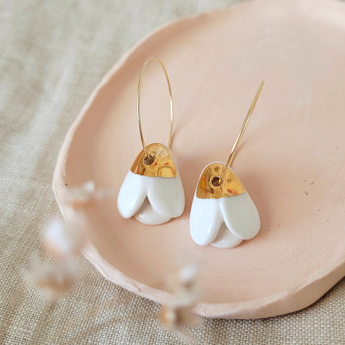 Porcelain dangle earrings with gold "Snowdrops LARGE"