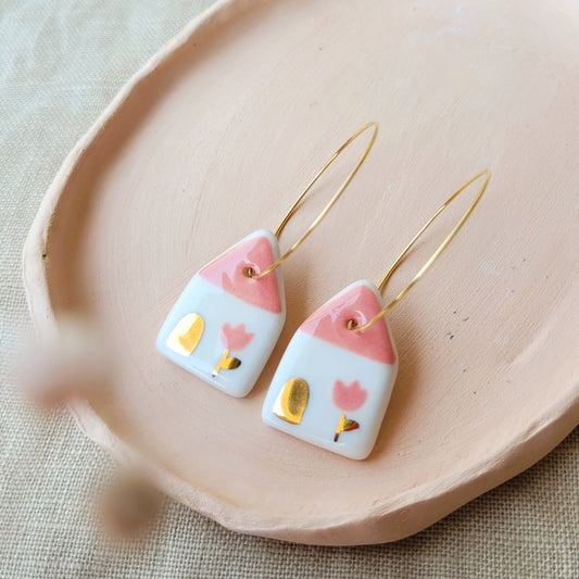 Porcelain dangle earrings with gold "Houses with tulips"