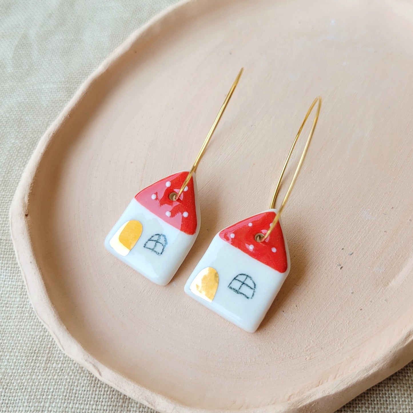 Porcelain dangle earrings with gold "Houses with dots"