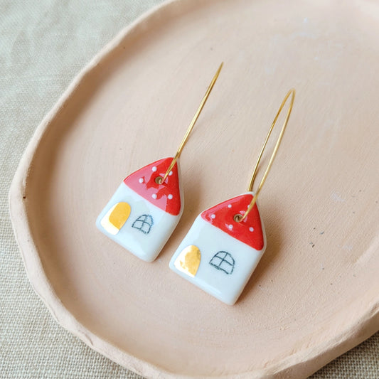 Porcelain dangle earrings with gold "Houses with dots"