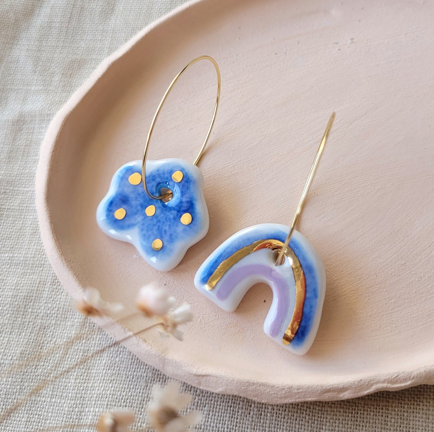 Porcelain dangle earrings with gold "Dark blue cloud and rainbow"