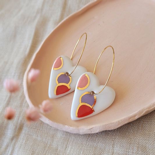 Porcelain dangle earrings with gold "Hearts in red, purple and pink"