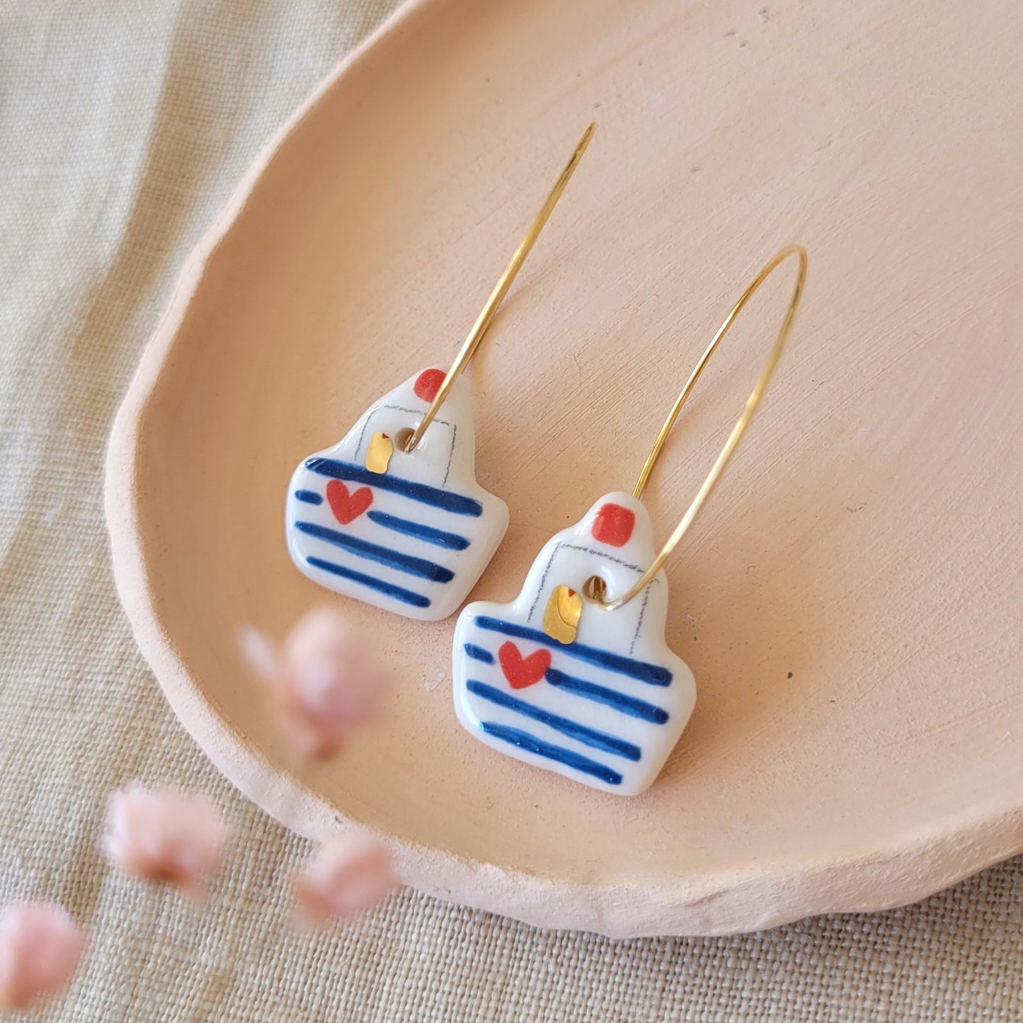Porcelain dangle earrings with gold "Boats with stripes"