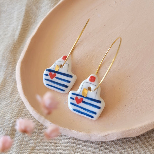 Porcelain dangle earrings with gold "Boats with stripes"