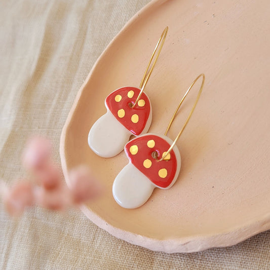 Porcelain dangle earrings with gold "Mushrooms"
