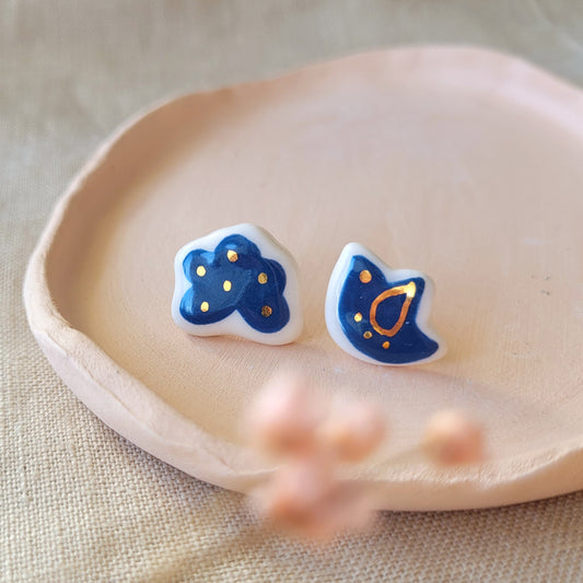Porcelain stud earrings with gold "Blue bird with cloud"