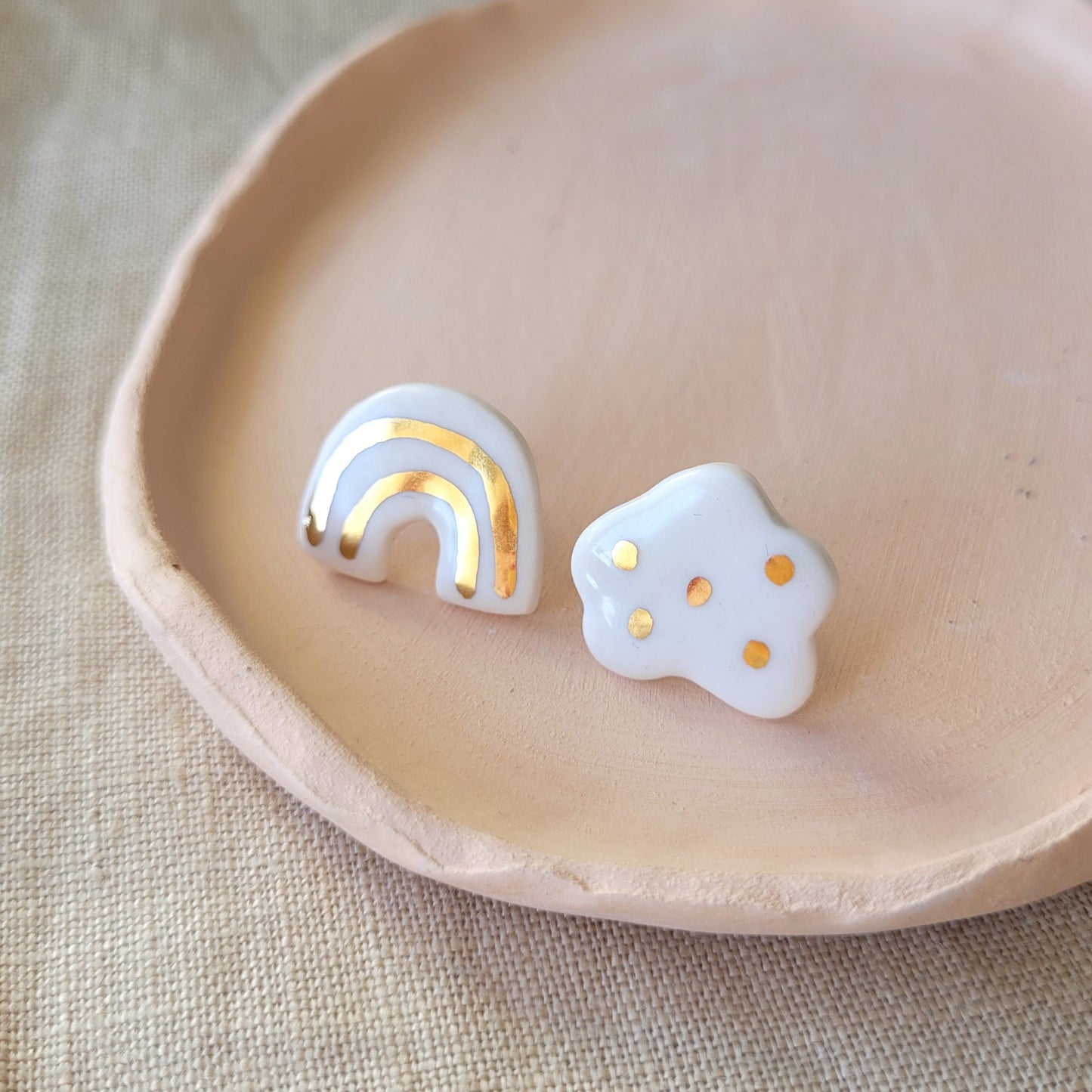 Porcelain stud earrings with gold "Cloud and rainbow"