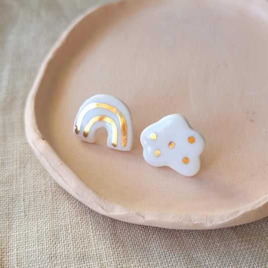 Porcelain stud earrings with gold "Cloud and rainbow"
