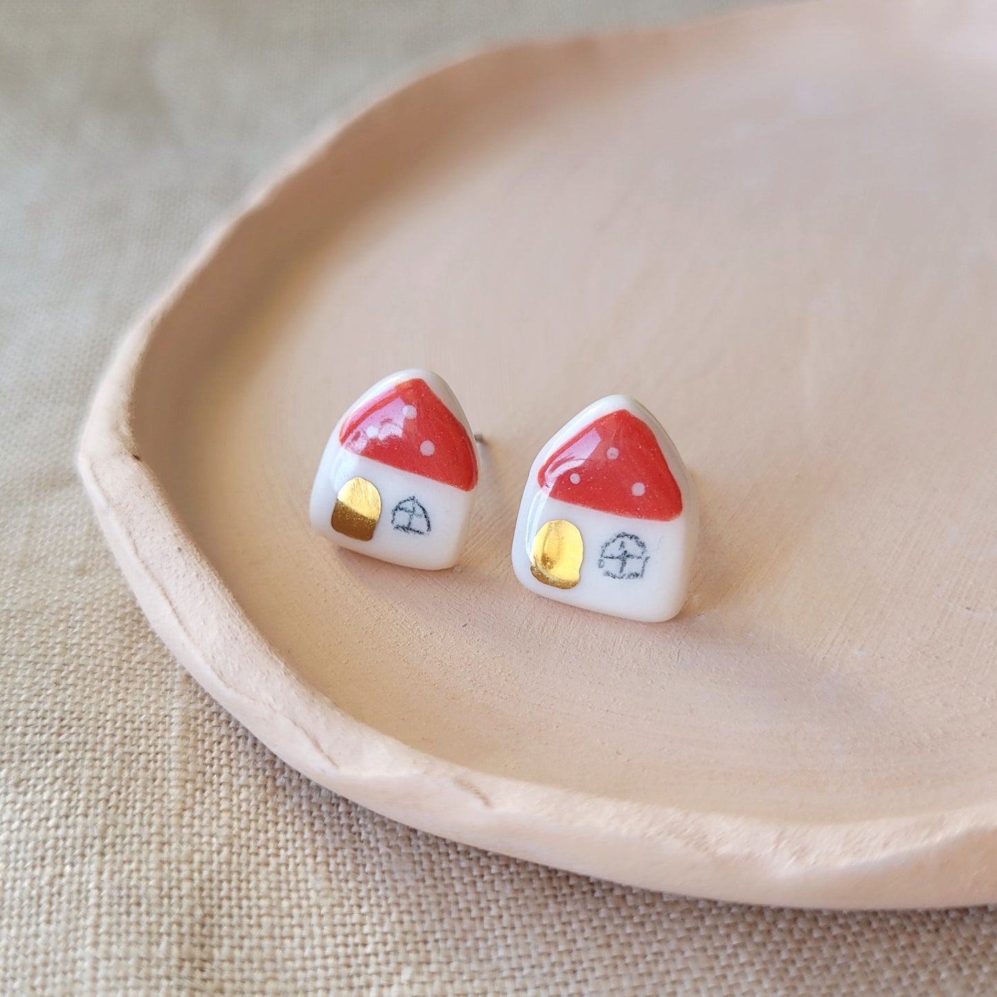 Porcelain stud earrings with gold "Little houses"