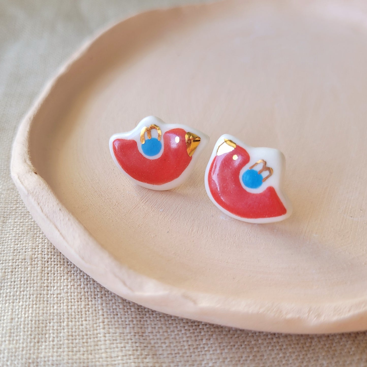 Porcelain stud earrings with gold "Red birds"