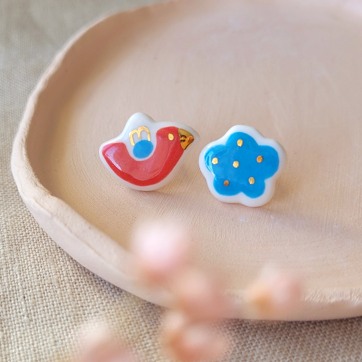 Porcelain stud earrings with gold "Red bird with cloud"