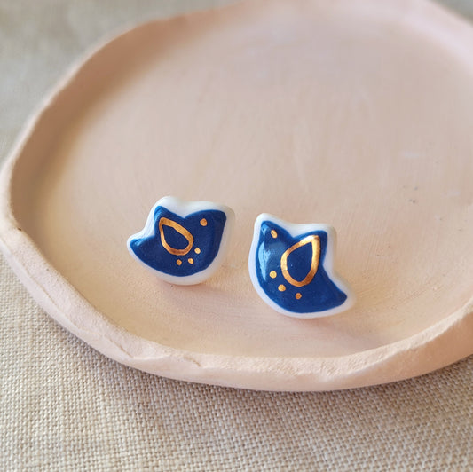 Porcelain stud earrings with gold "Blue birds"