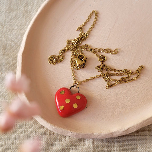 Porcelain necklace with gold "Little red heart"