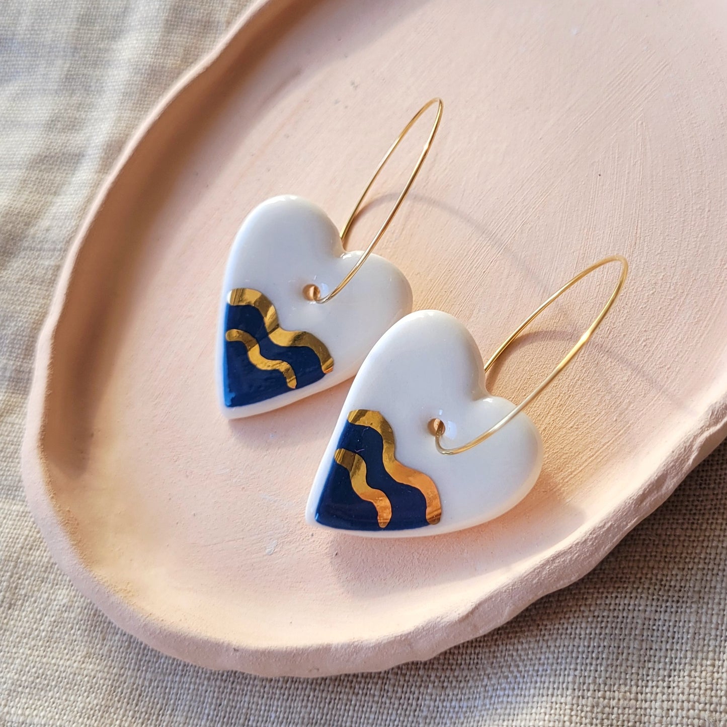 Porcelain dangle earrings with gold "Dark blue sea"