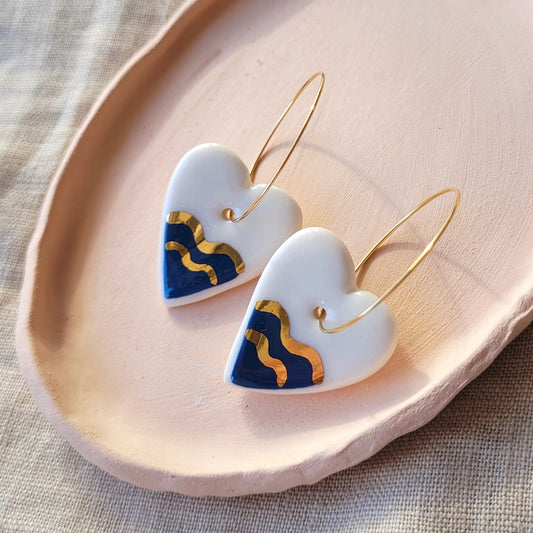 Porcelain dangle earrings with gold "Dark blue sea"