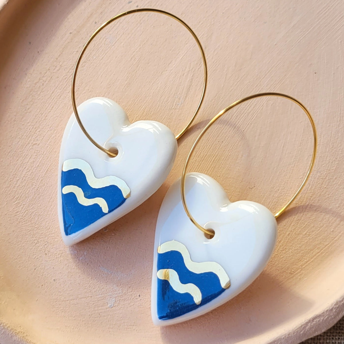 Porcelain dangle earrings with gold "Dark blue sea"