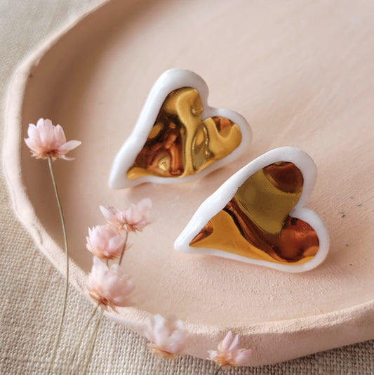 Porcelain stud earrings with gold "Big hearts"
