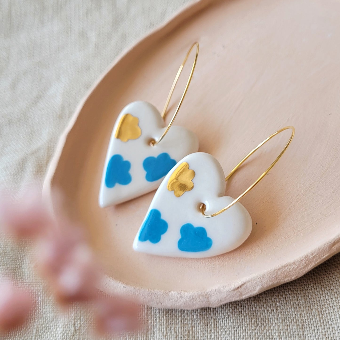 Porcelain dangle earrings with gold "Hearts with clouds"
