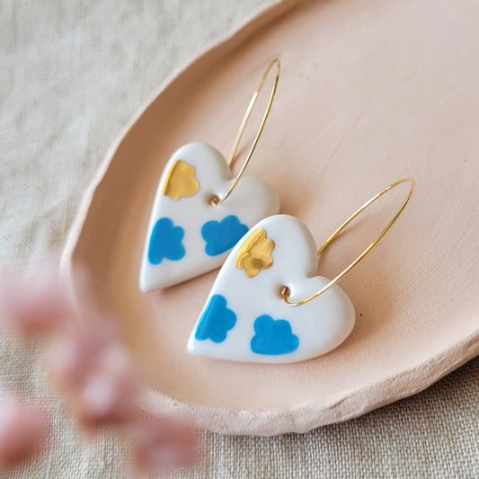 Porcelain dangle earrings with gold "Hearts with clouds"