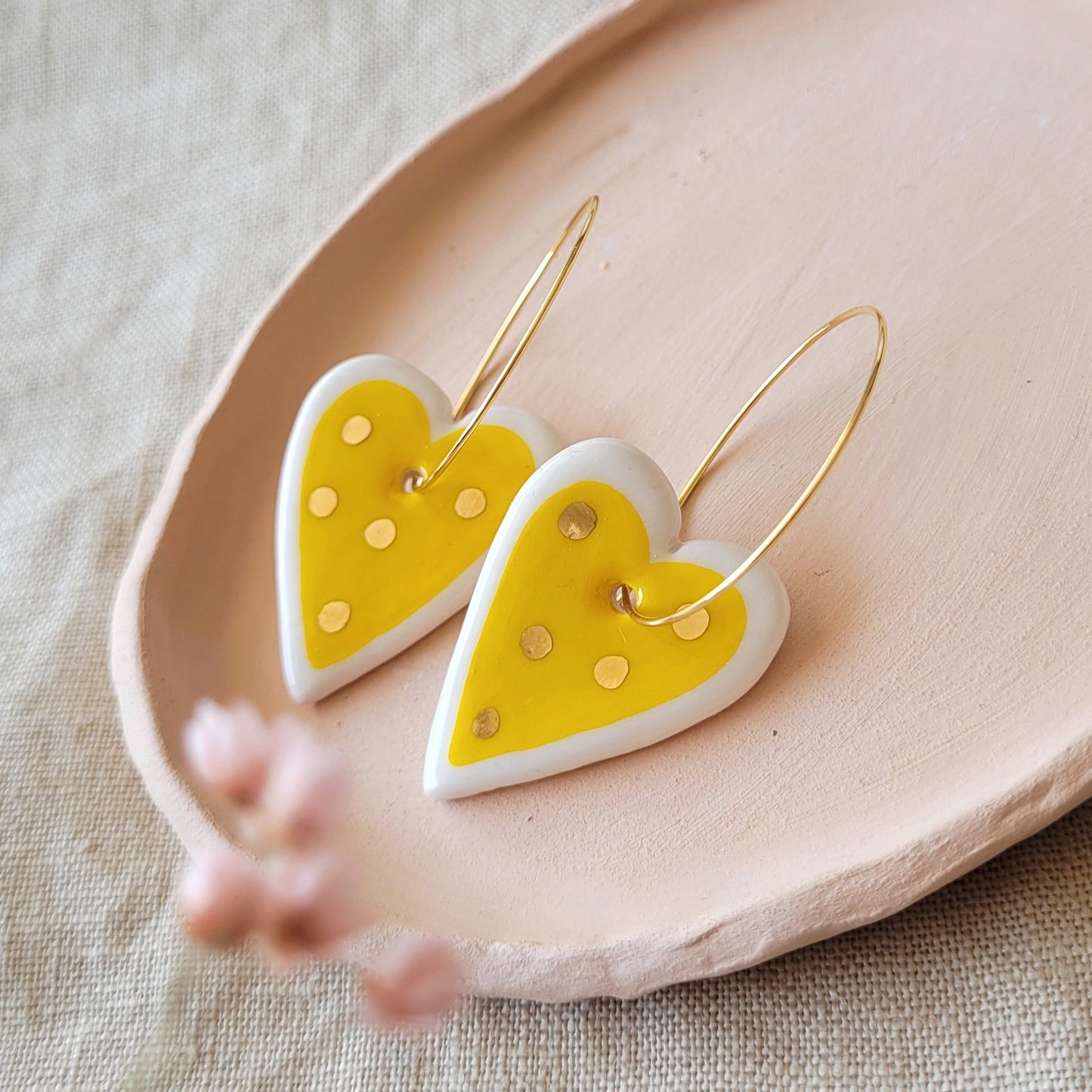Porcelain dangle earrings with gold "Yellow hearts"