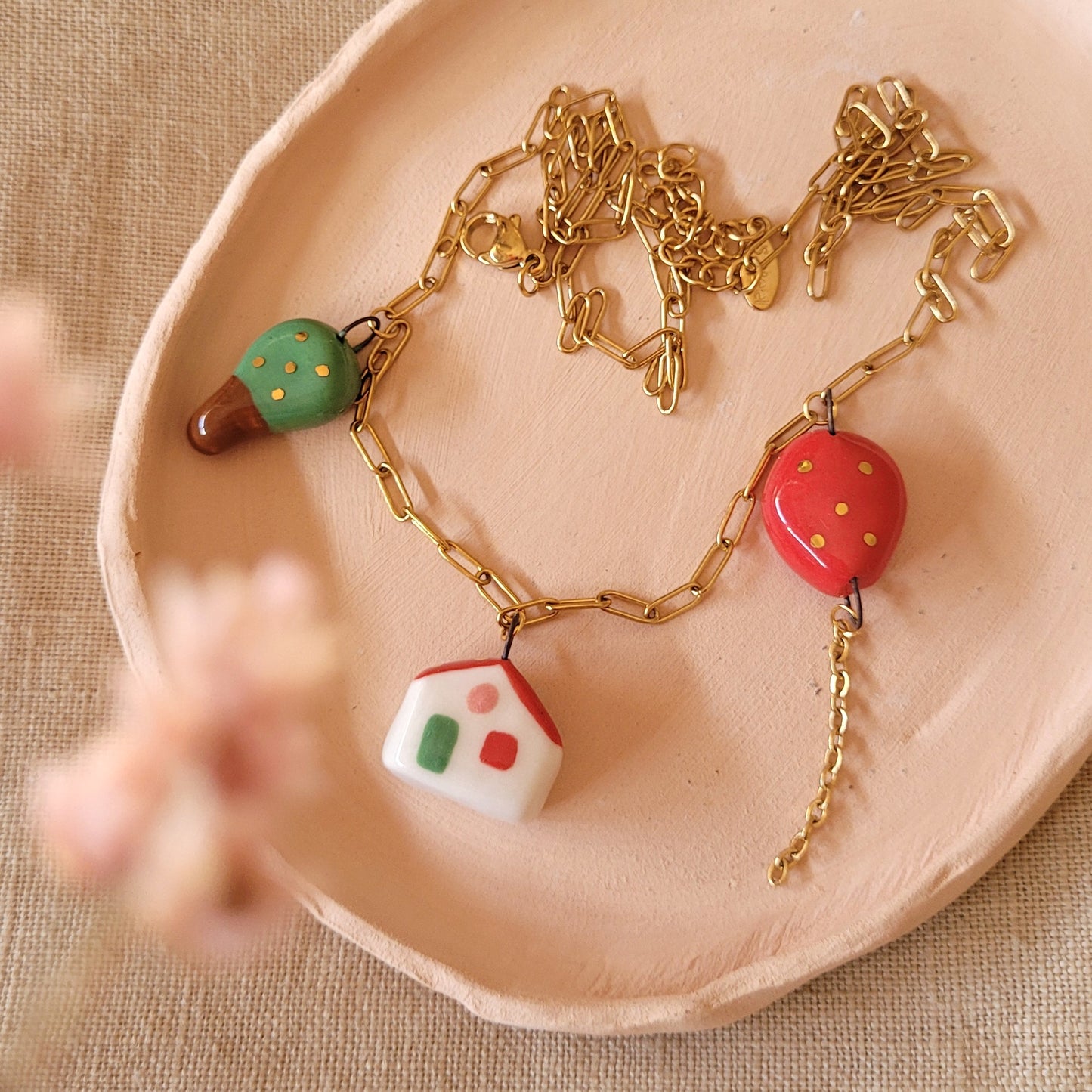 Porcelain necklace with gold "Red balloon, house and tree"