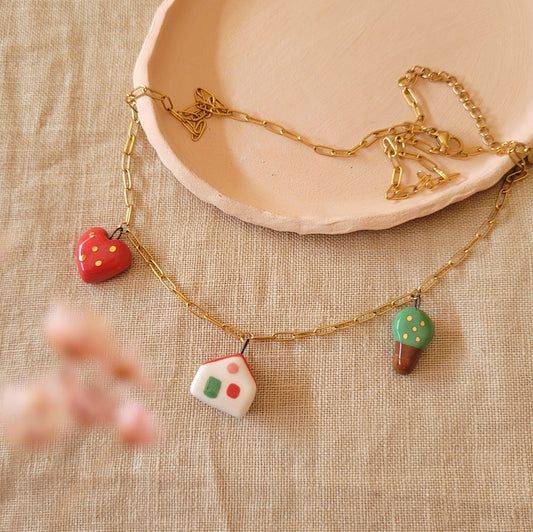 Porcelain necklace with gold "House, heart and tree"