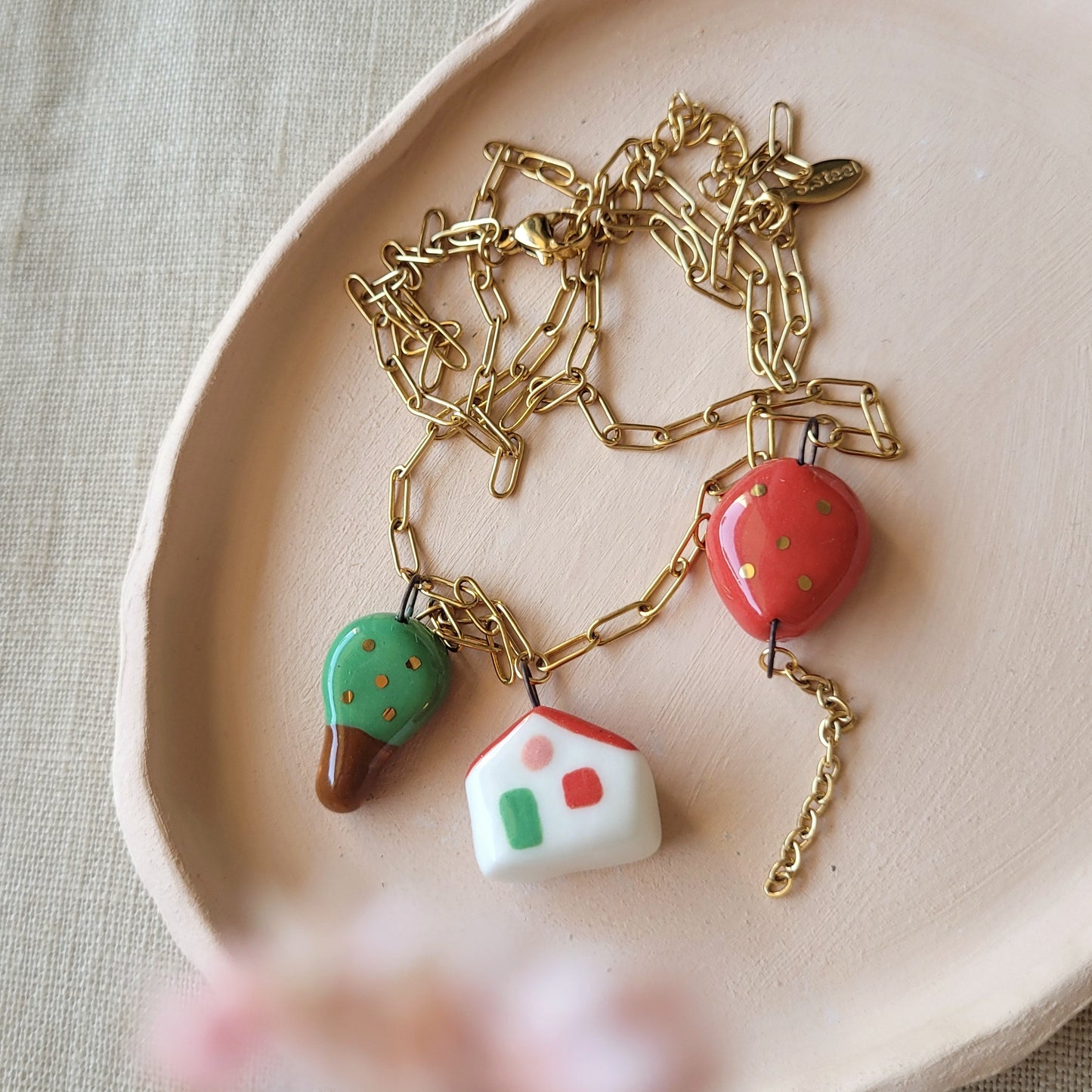 Porcelain necklace with gold "Red balloon, house and tree"