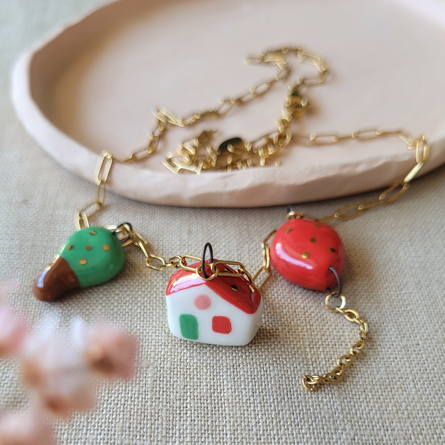 Porcelain necklace with gold "Red balloon, house and tree"