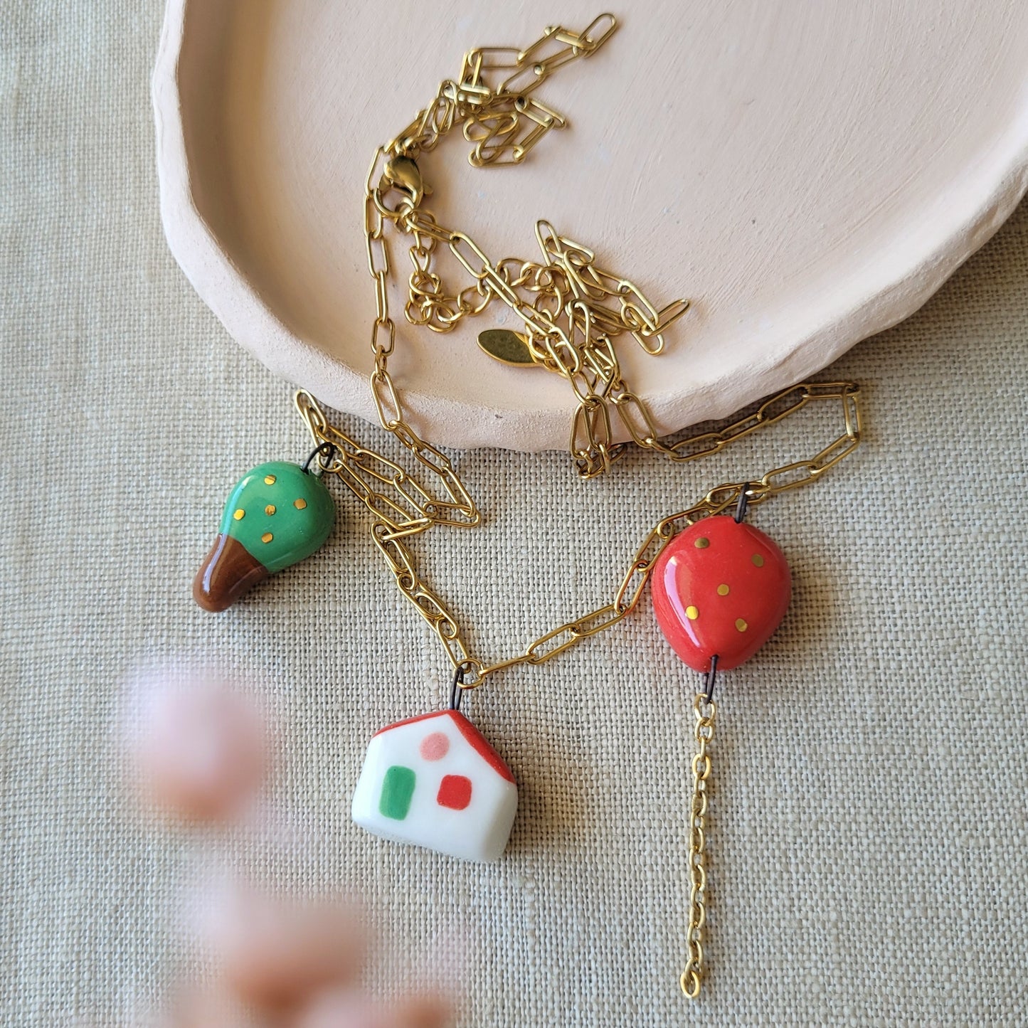 Porcelain necklace with gold "Red balloon, house and tree"