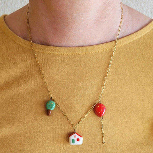 Porcelain necklace with gold "Red balloon, house and tree"