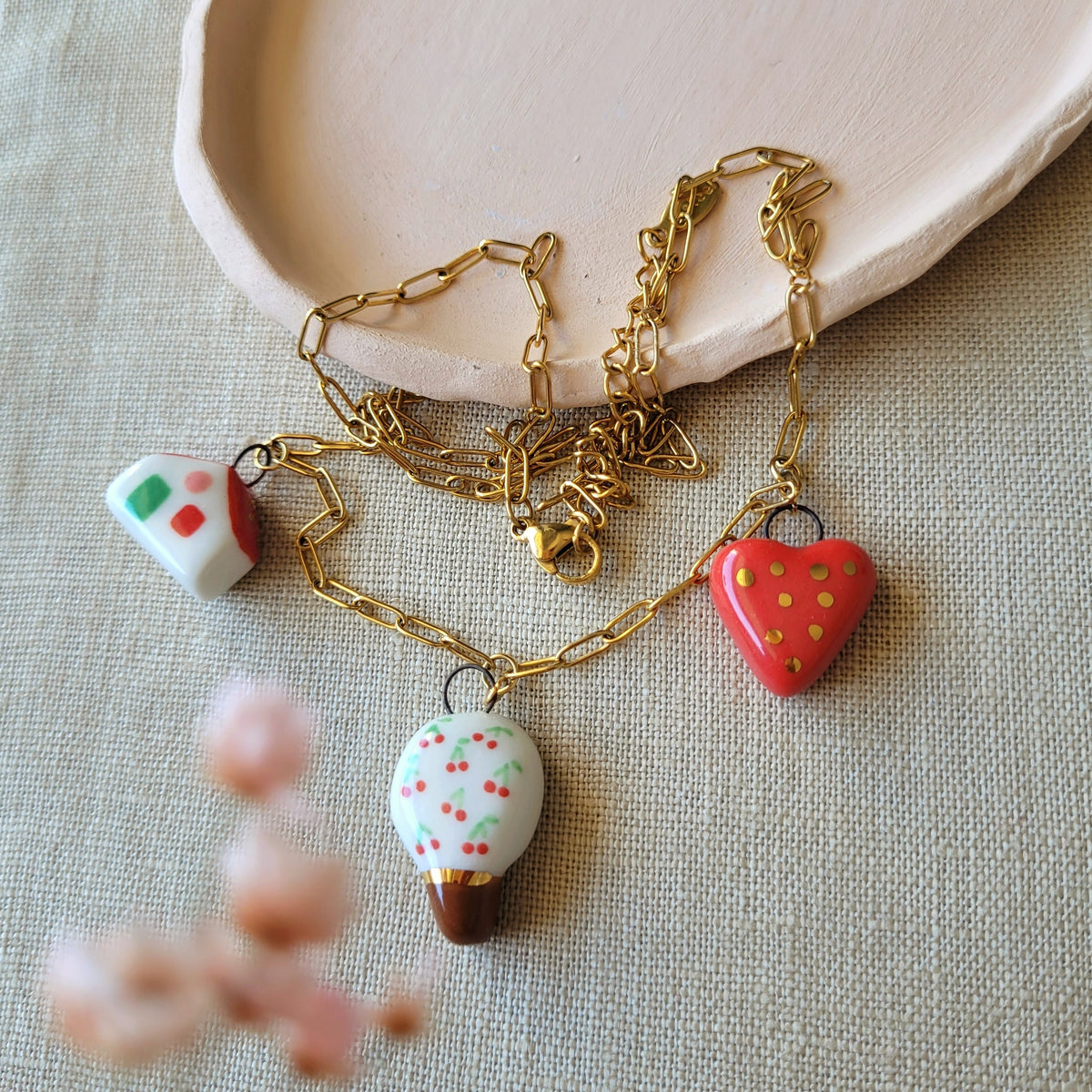 Porcelain necklace with gold "Cherry tree, house and heart"