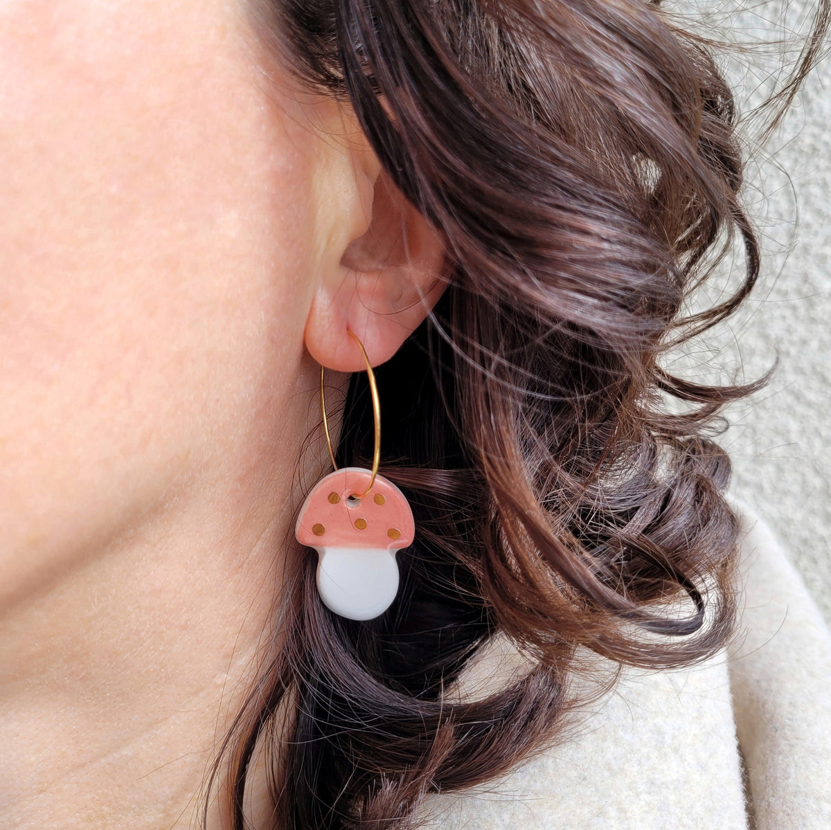Porcelain dangle earrings with gold "Pink mushrooms"