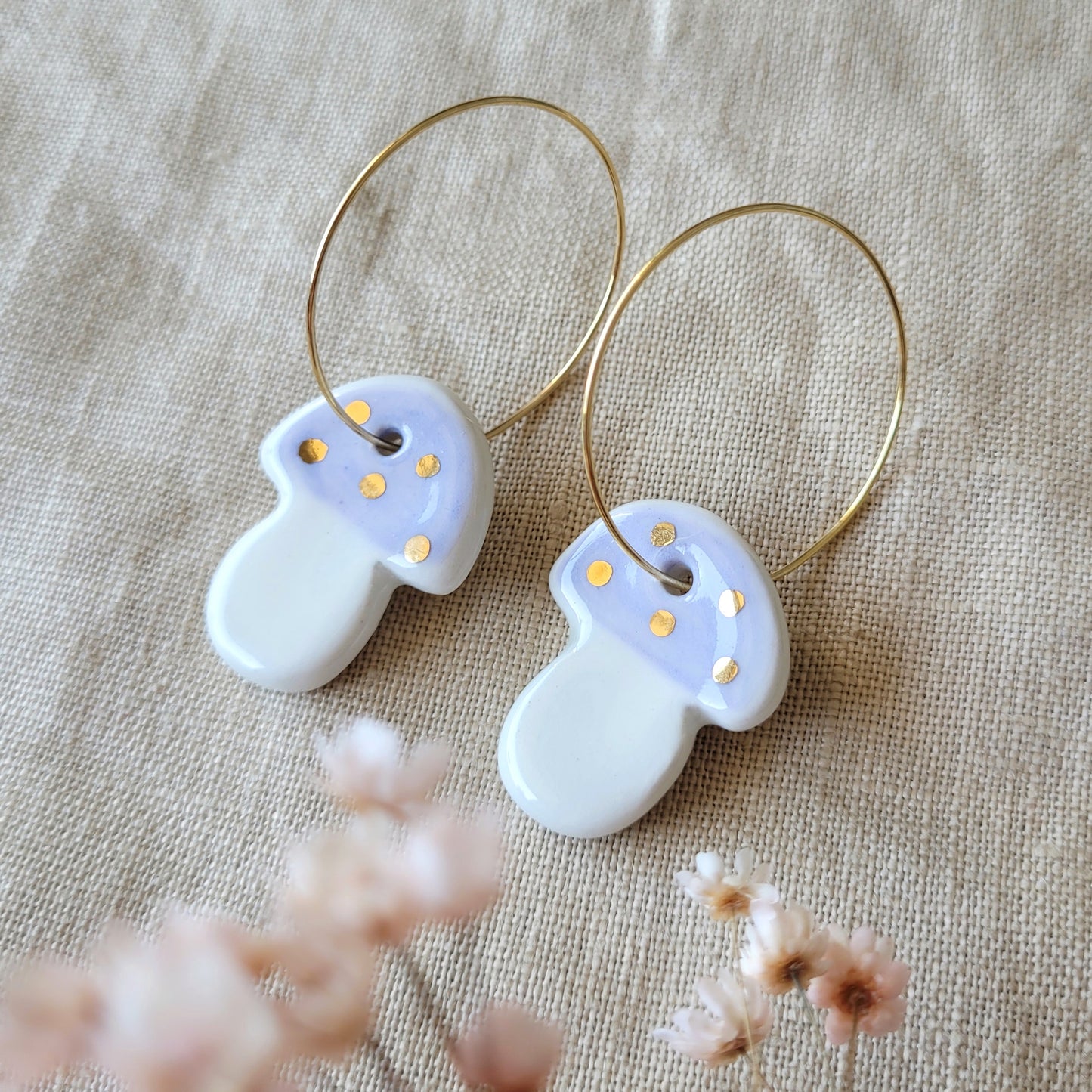 Porcelain dangle earrings with gold "Purple mushrooms"