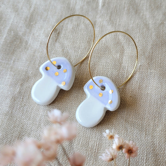 Porcelain dangle earrings with gold "Purple mushrooms"