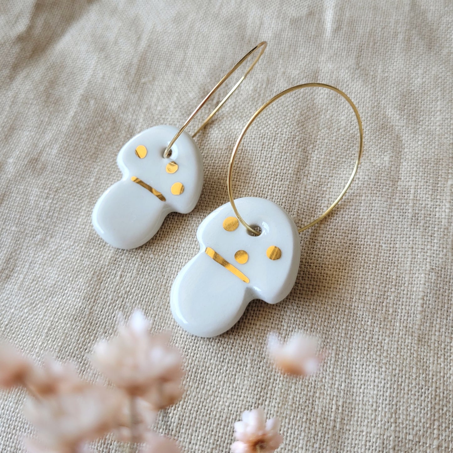 Porcelain dangle earrings with gold "White mushrooms"