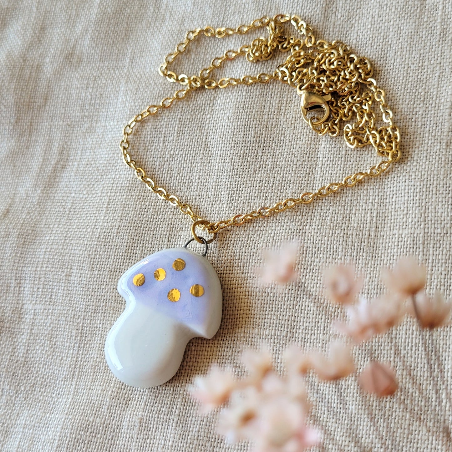 Porcelain necklace with gold "Purple mushroom"