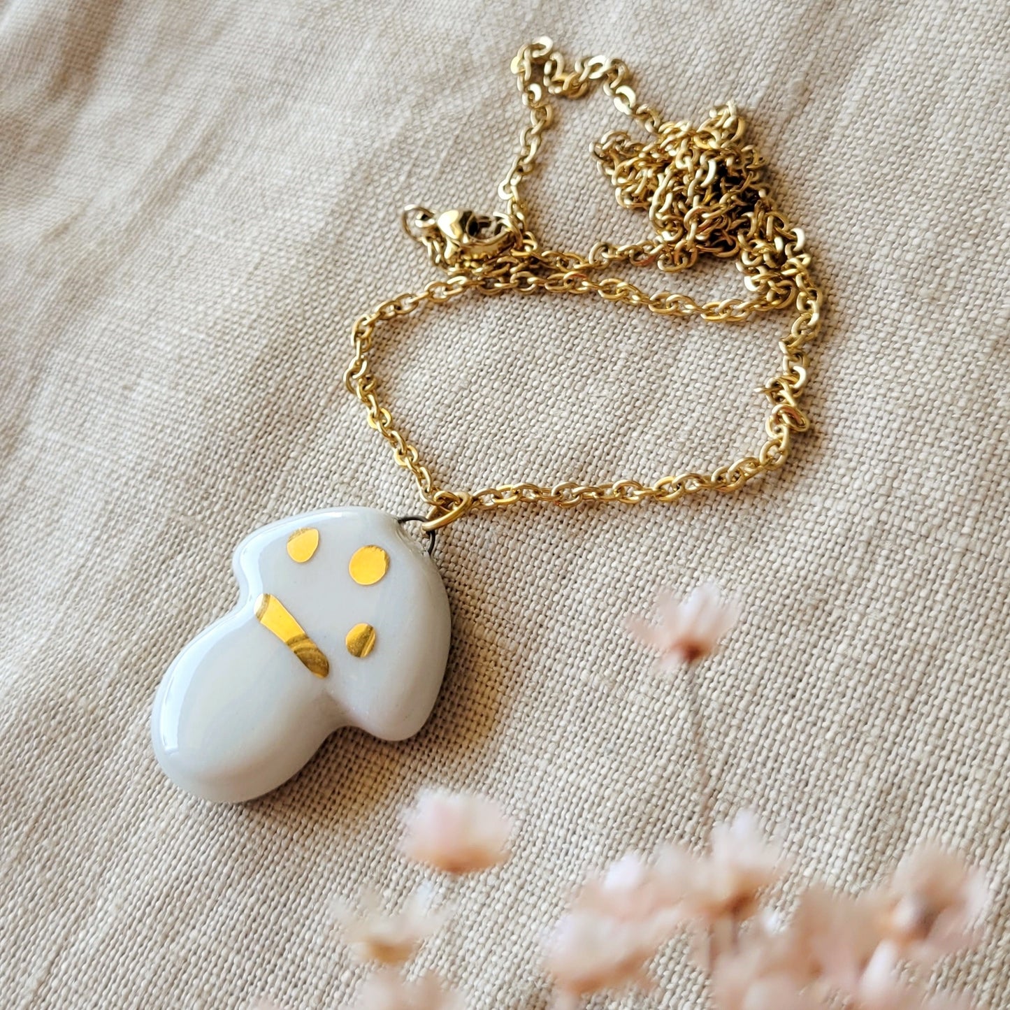 Porcelain necklace with gold "White mushroom"