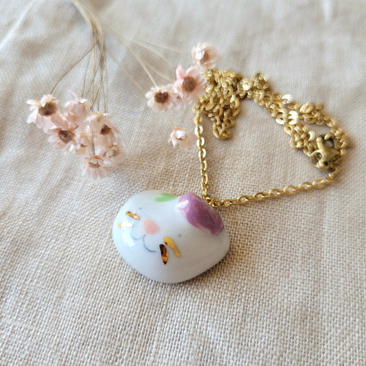 Porcelain necklace with gold "Kitty with dark pink flower"