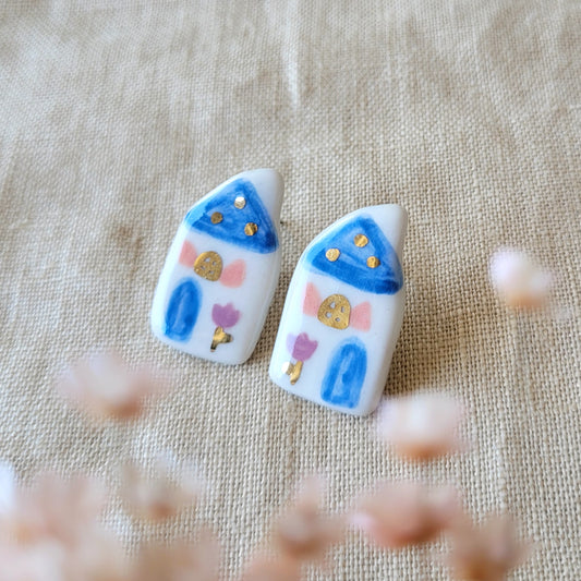 Porcelain stud earrings with gold "Blue houses"
