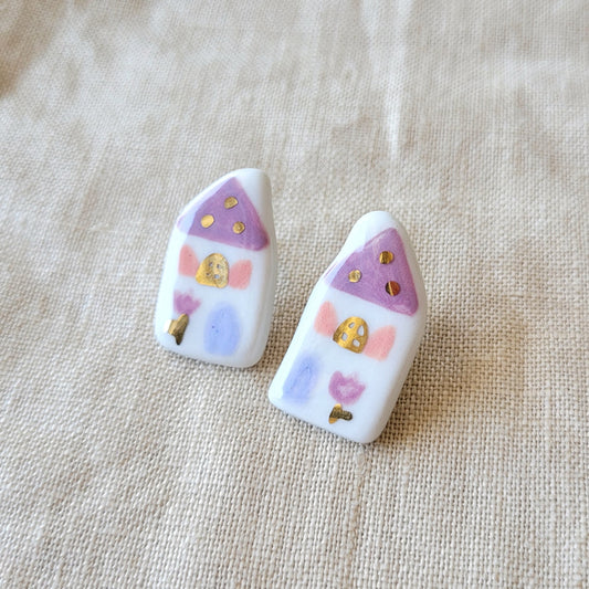 Porcelain stud earrings with gold "Dark pink houses"