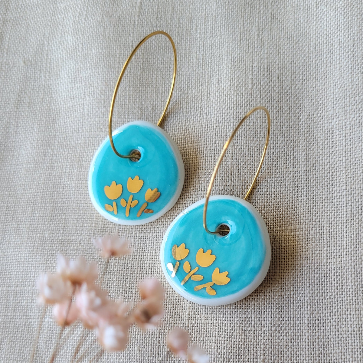 Porcelain dangle earrings with gold "Green and gold"