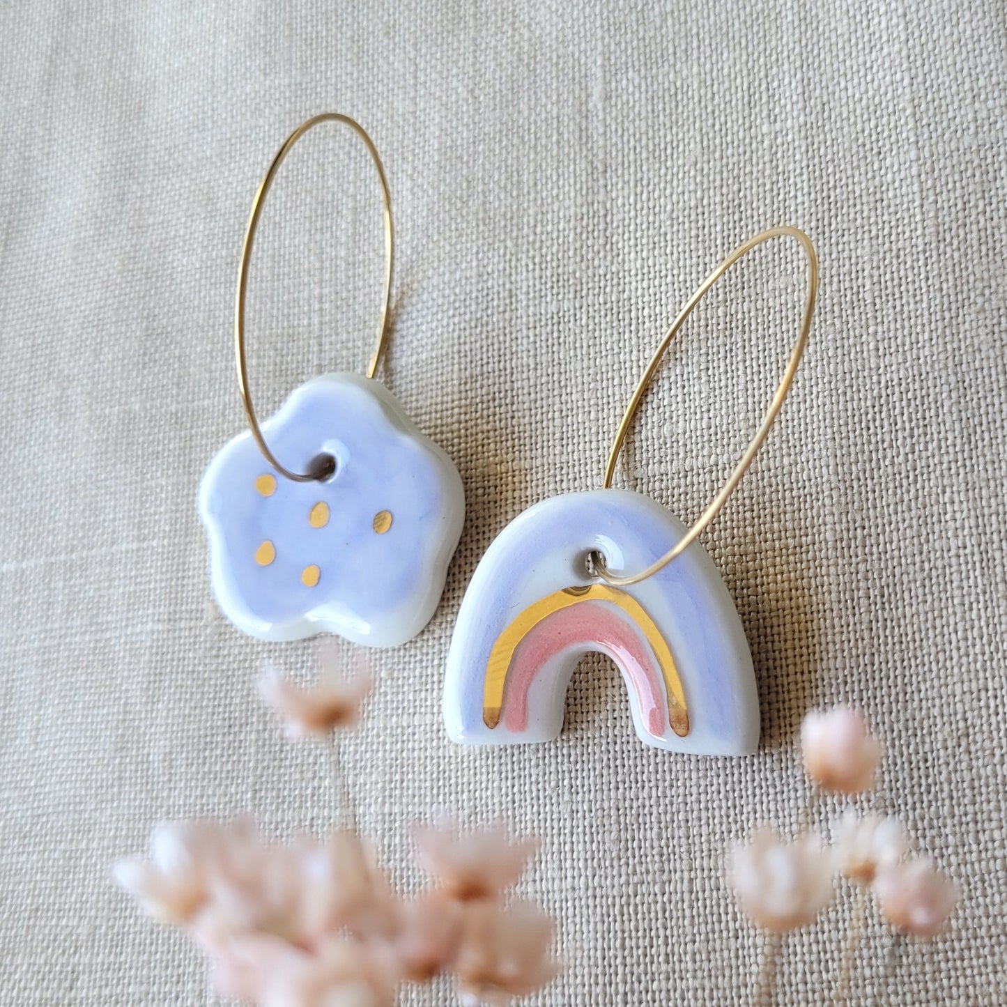 Porcelain dangle earrings with gold "Light purple cloud and rainbow with red"